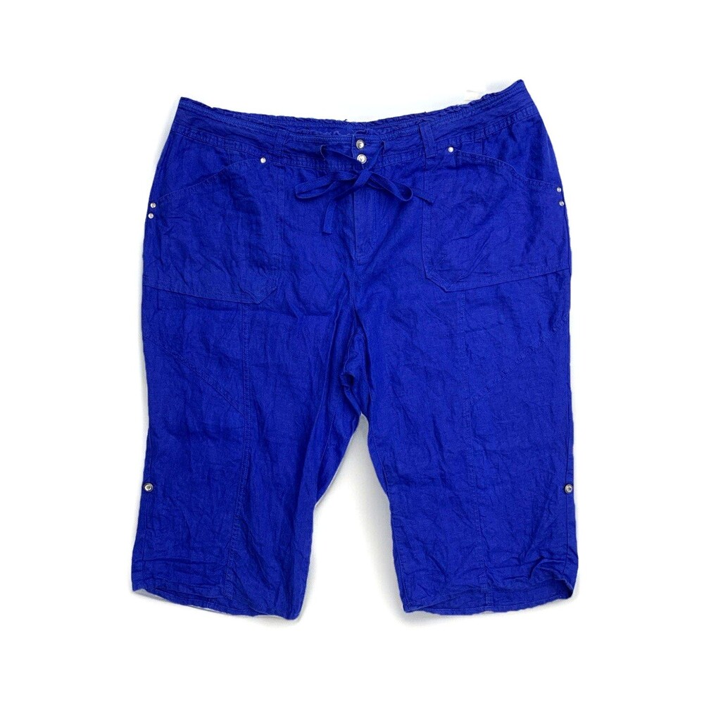 Y2K International Concepts INC Linen Capri Cuffed Pants Sz 24W Blue Rhinestone